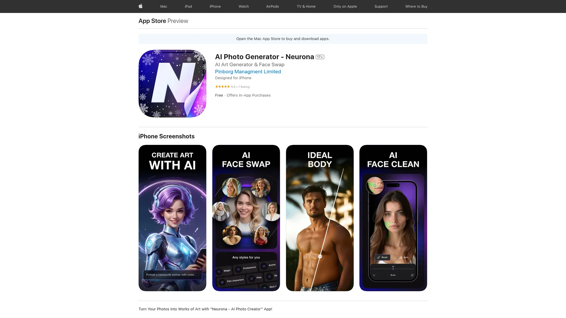 Neurona - AI Photo Creator website preview