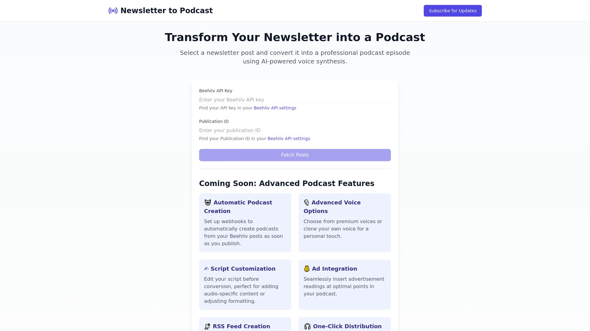 Newsletter2Podcast website preview