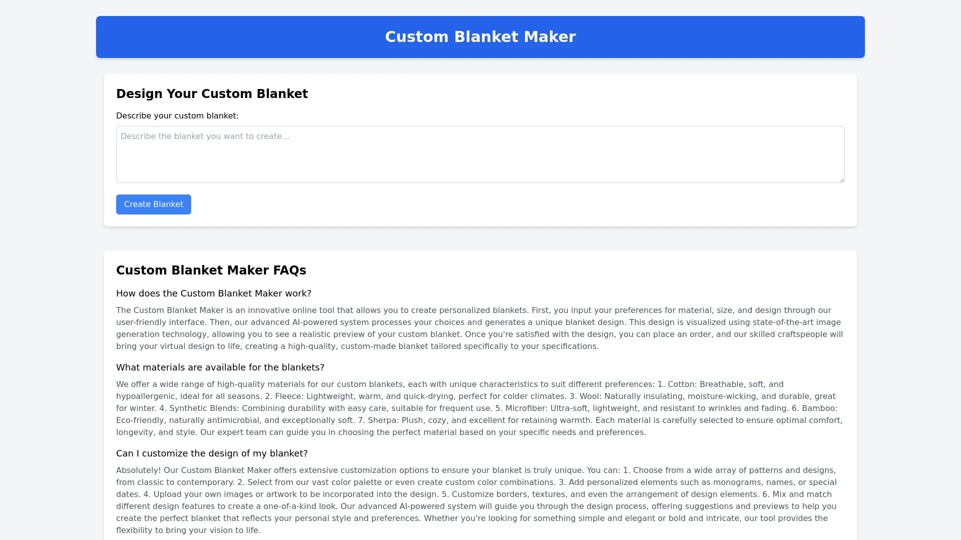 Custom Blanket Maker website preview