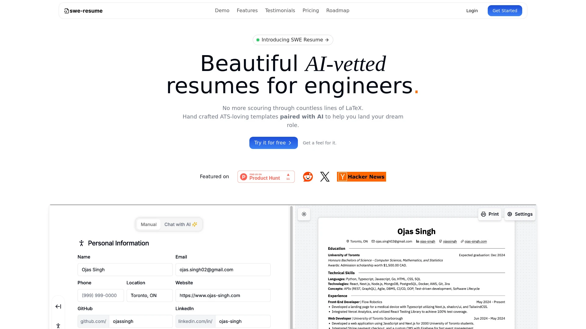 SWE-Resume website preview