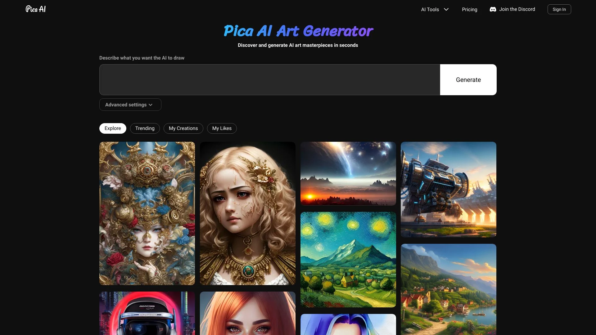 Pica AI Art Generator website preview