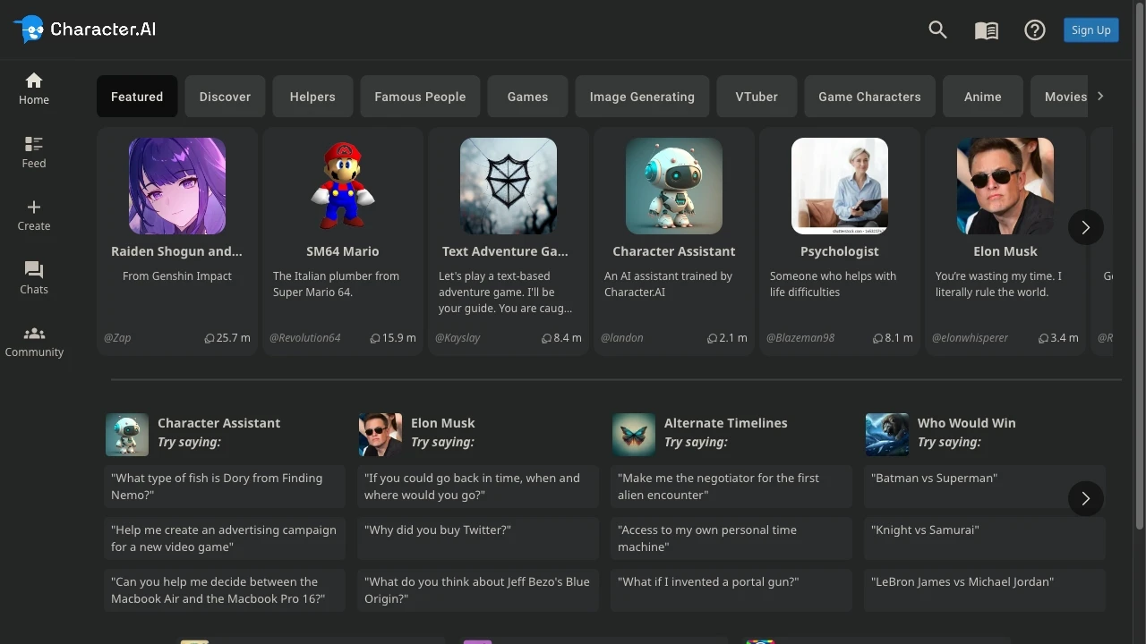 Character.ai website preview