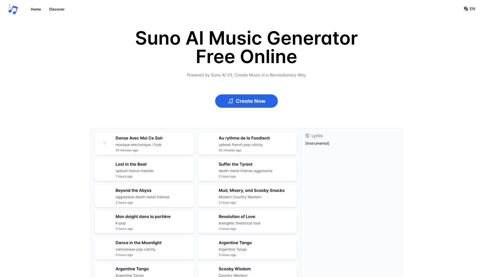 Suno AI Music Free Online website preview