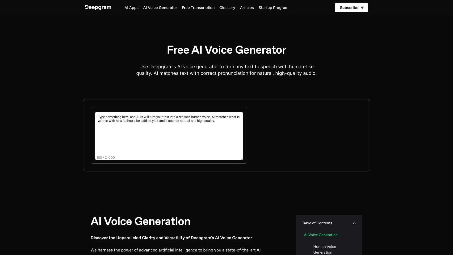 Deepgram AI Voice Generator website preview