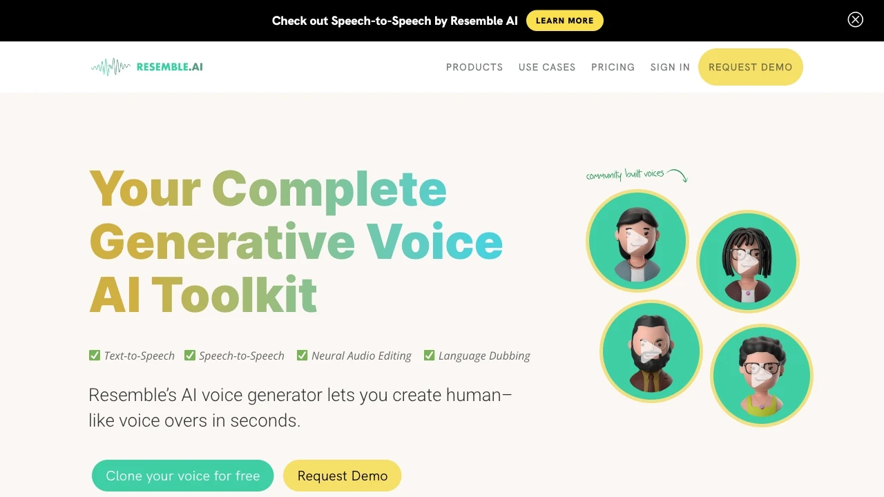 Resemble AI Voice Generator with Text-to-Speech and Speech-to-Speech website preview