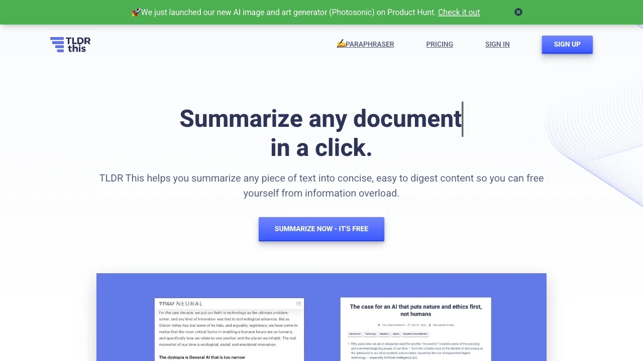 TLDR This - Article Summarizer & Online Text Summarizing Tool website preview