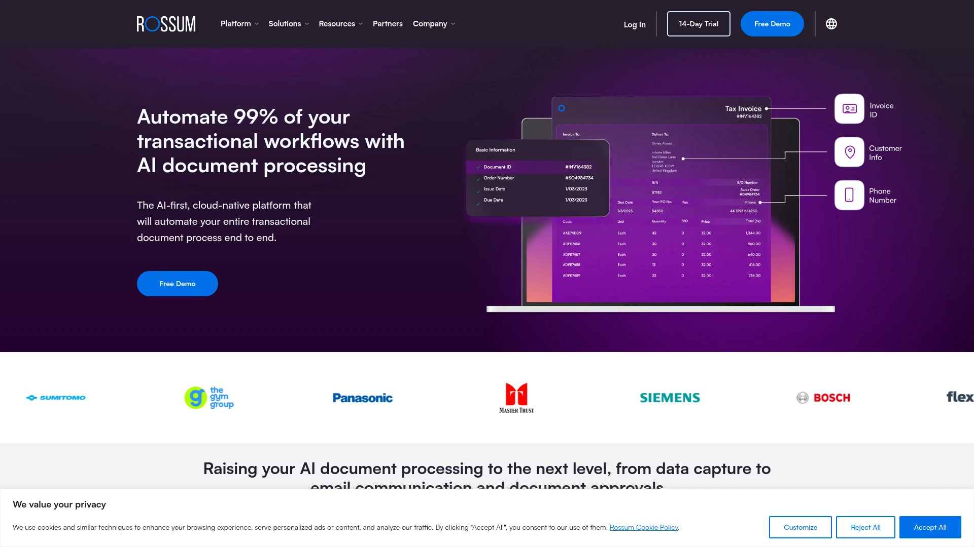 Rossum AI Document Processing website preview