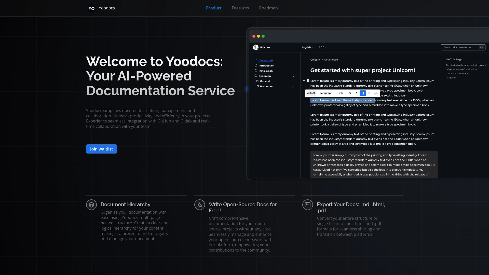 Yoodocs - Your Smart AI-Powered Documentation Service website preview