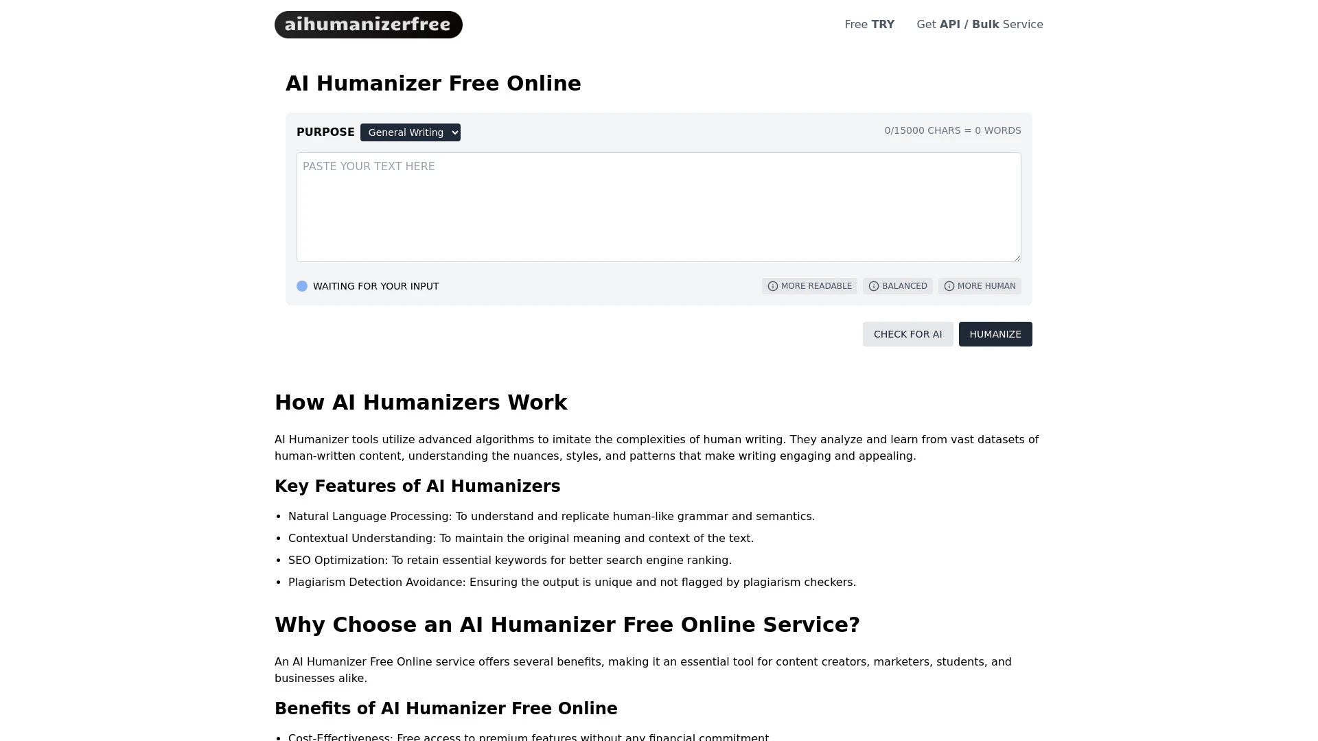 AI Humanizer Free Online website preview