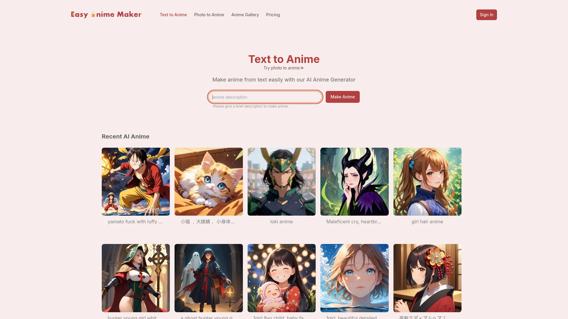 AI Anime Generator website preview