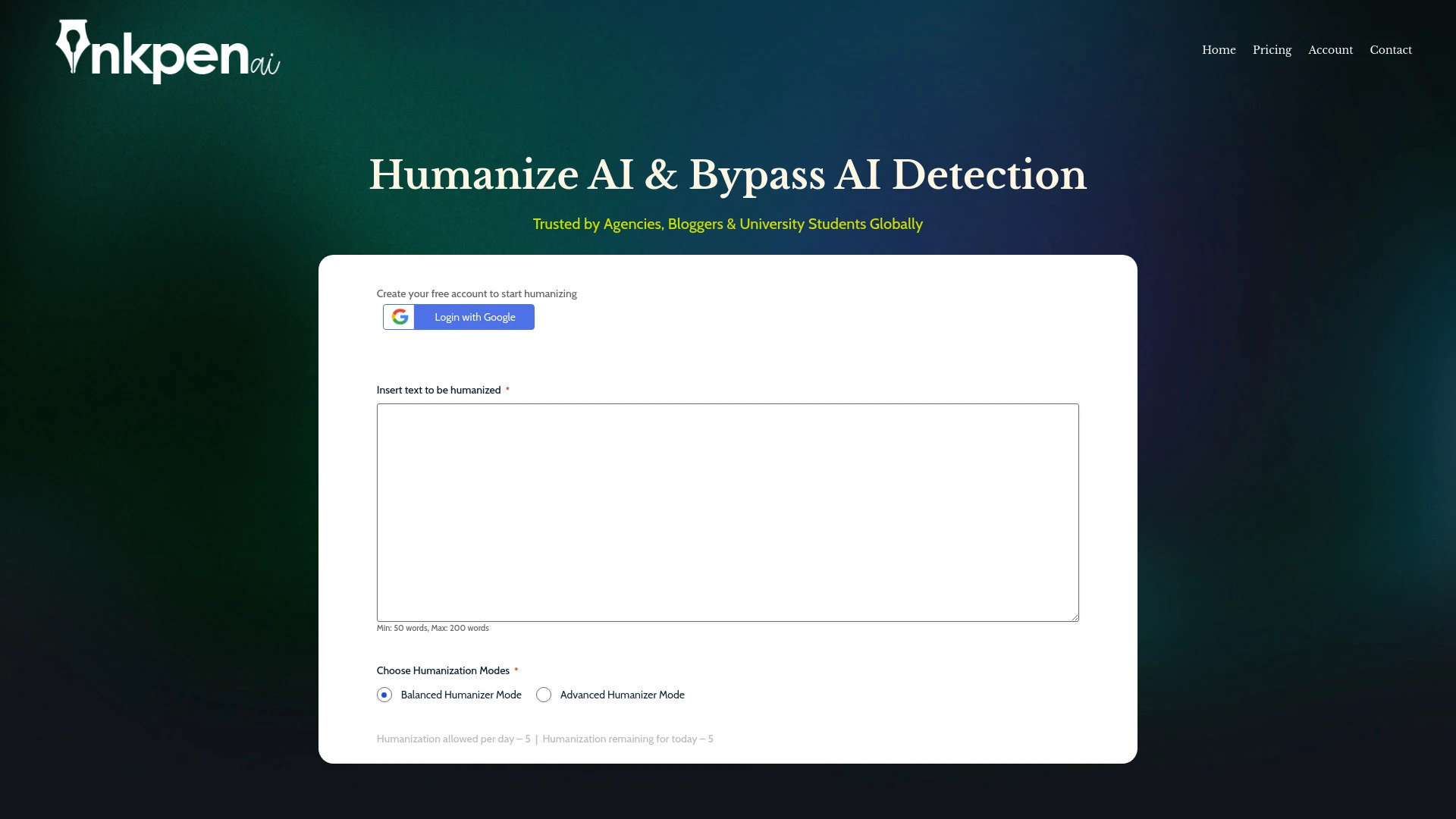 Inkpen AI Text Humanizer website preview