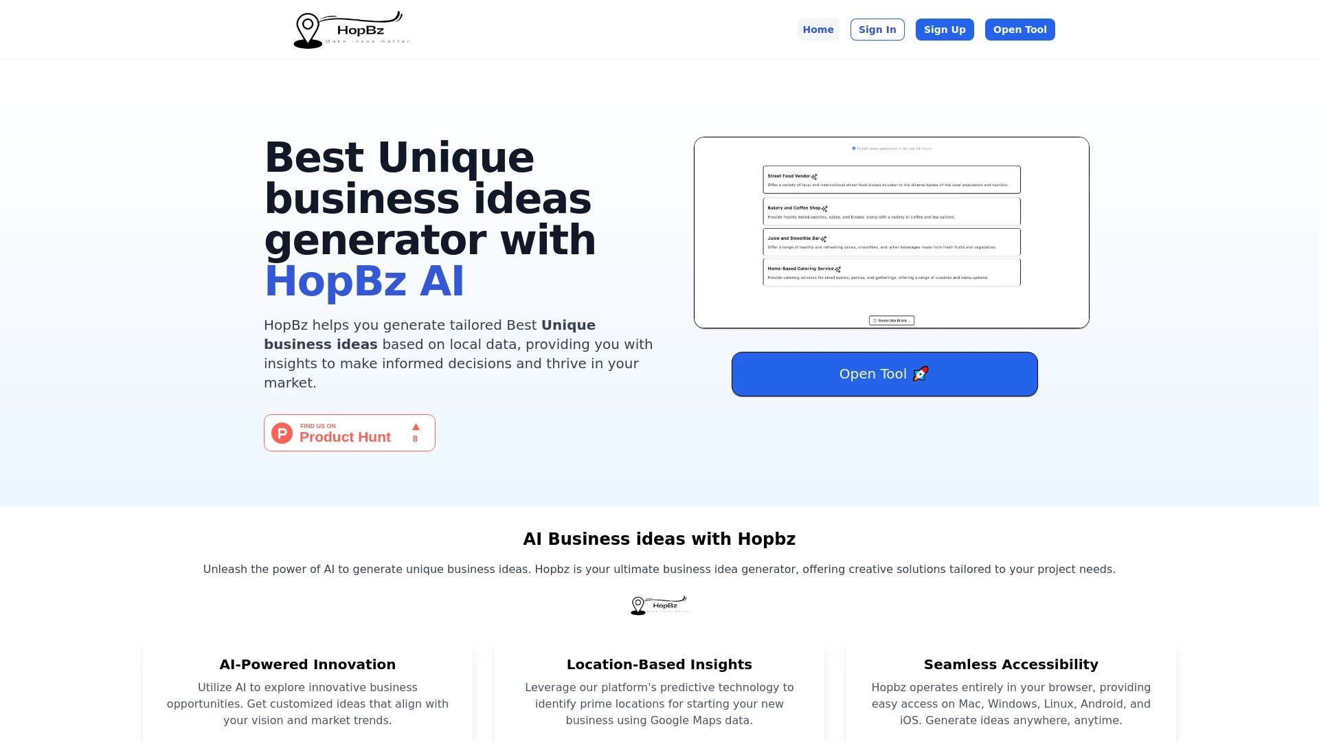 Hopbz - AI Business Ideas & Opportunities Generator website preview