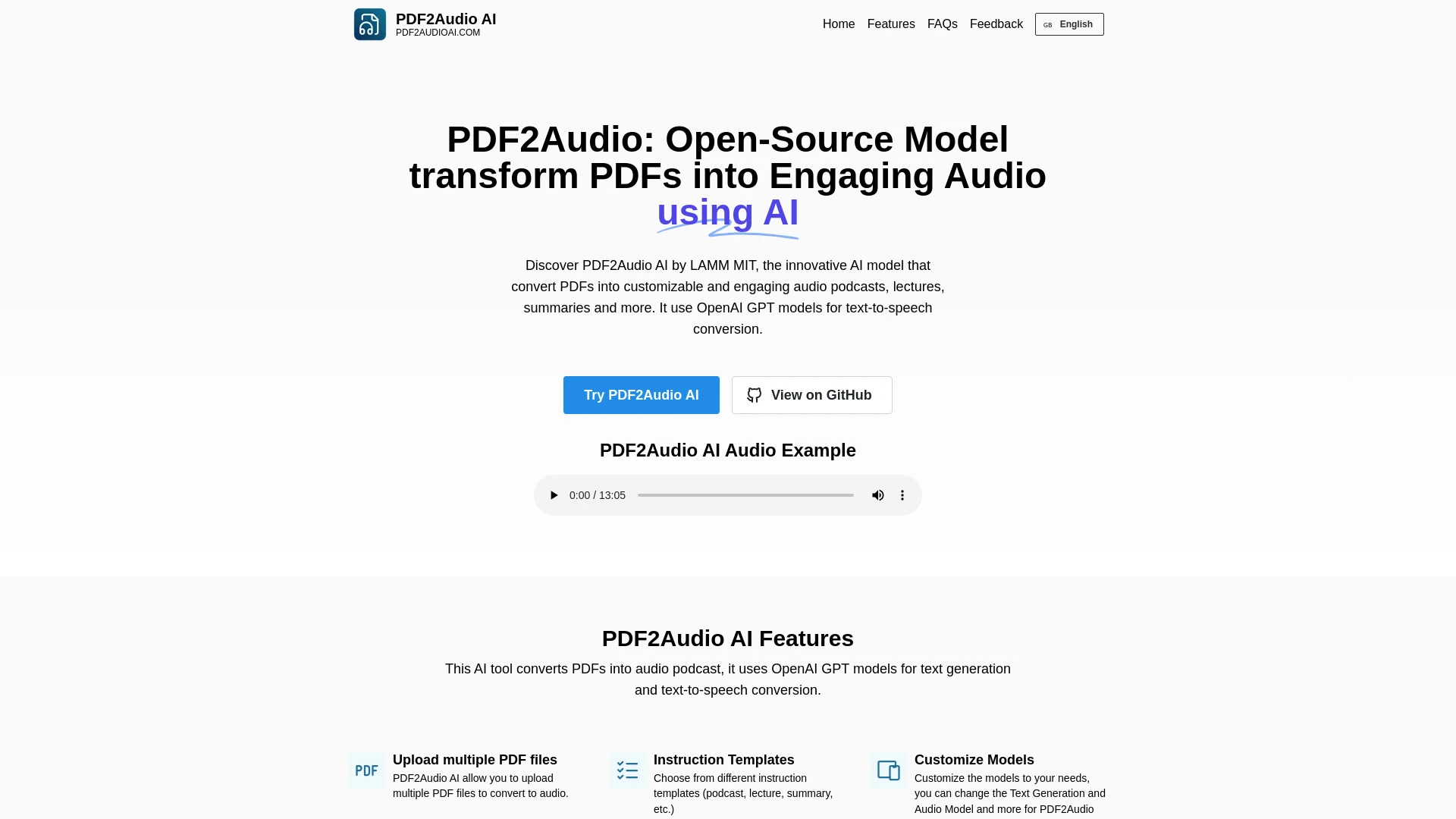 PDF2Audio website preview