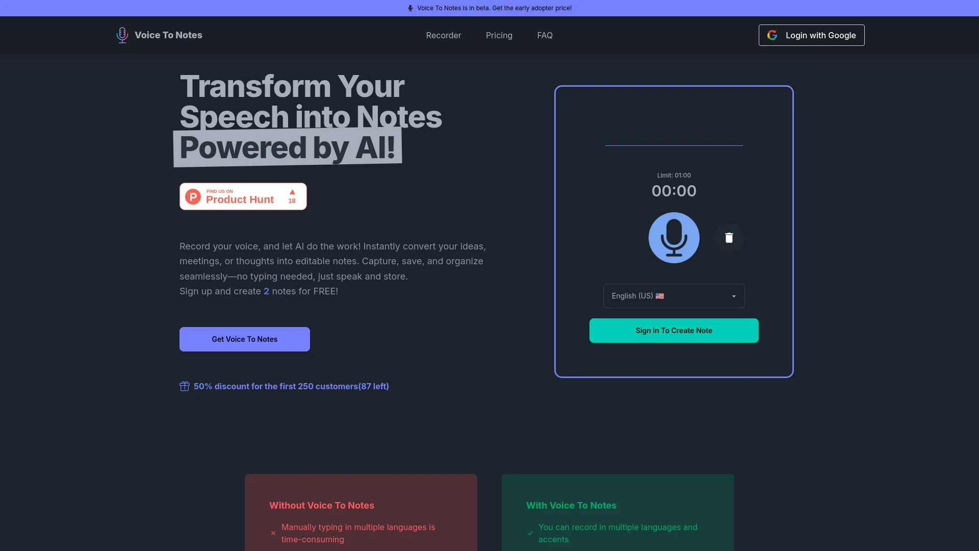 Voice To Notes website preview