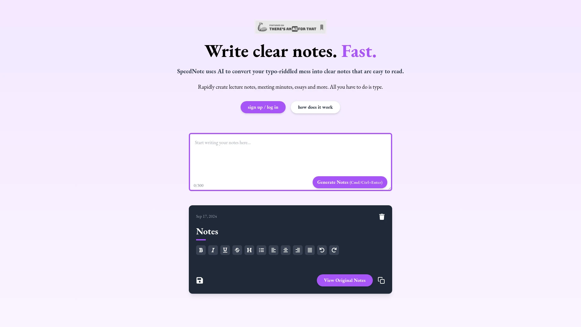 SpeedNote AI website preview