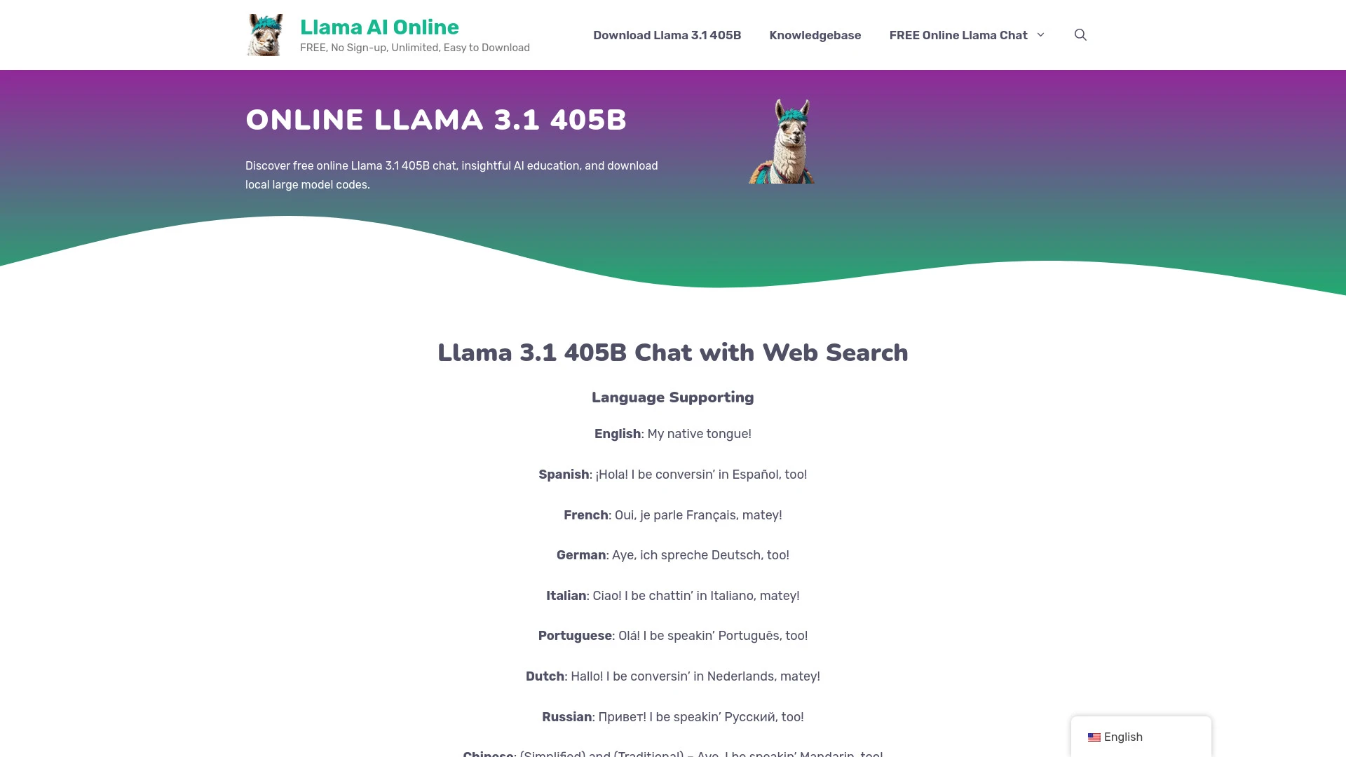 Online Llama 3.1 405B Chat by Meta AI website preview