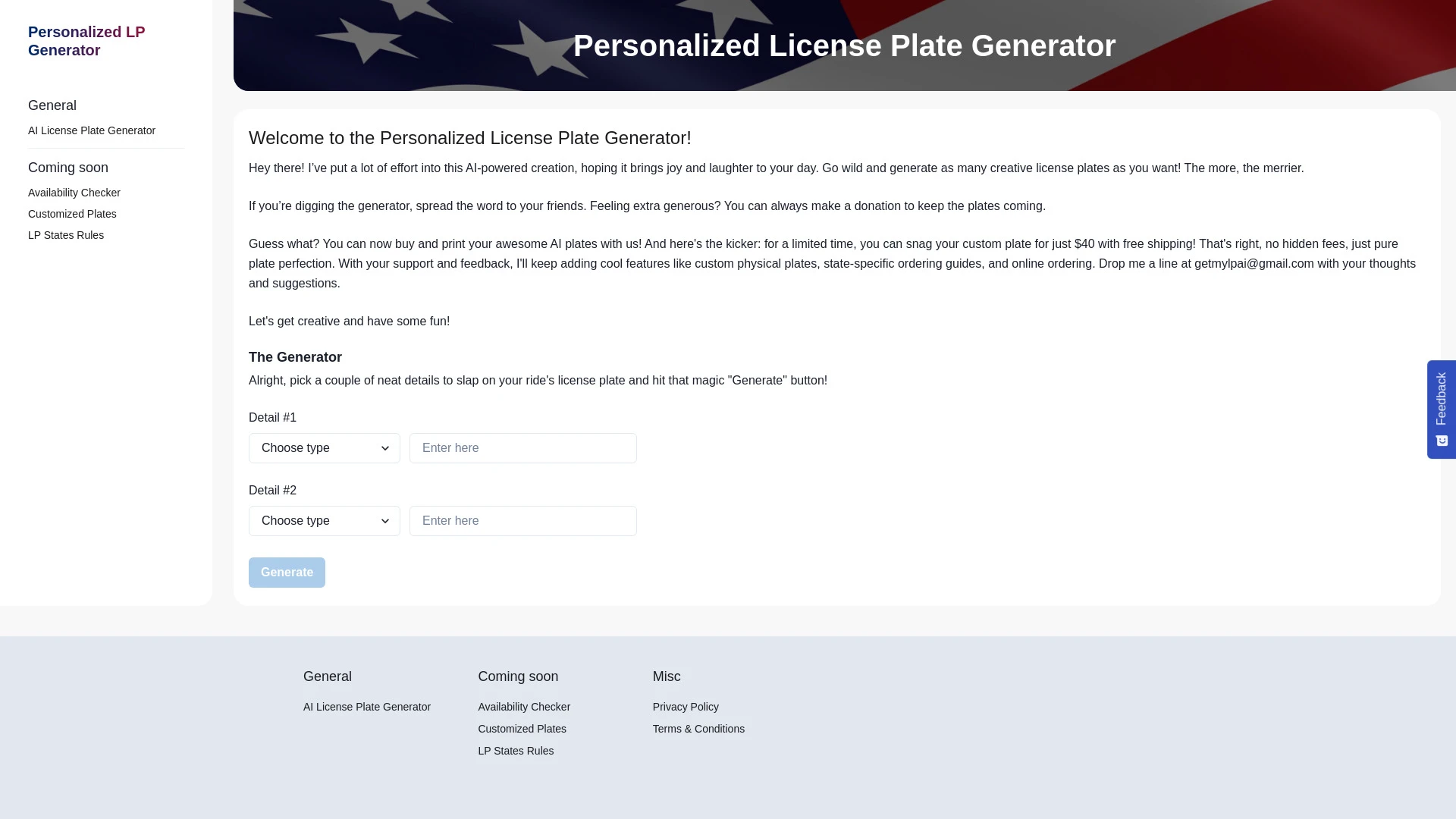 Personalized License Plate Generator website preview