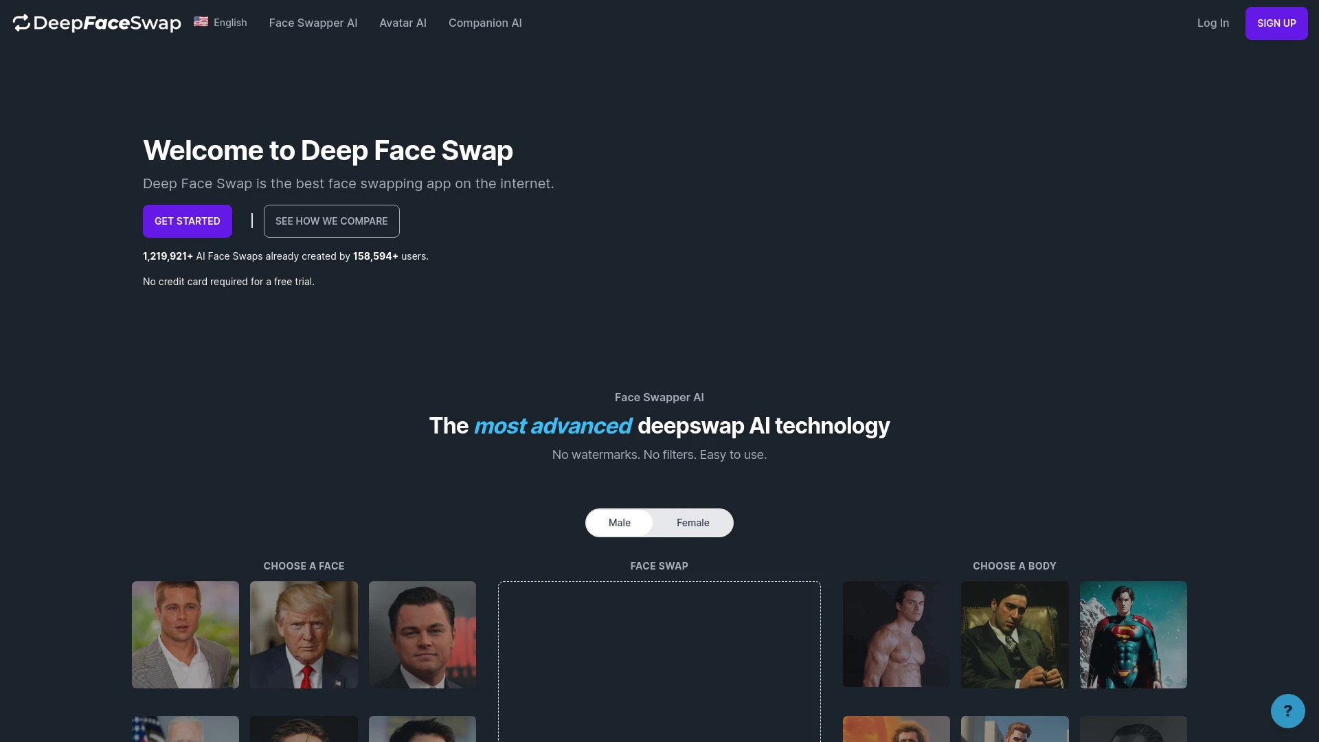 Deep Face Swap website preview