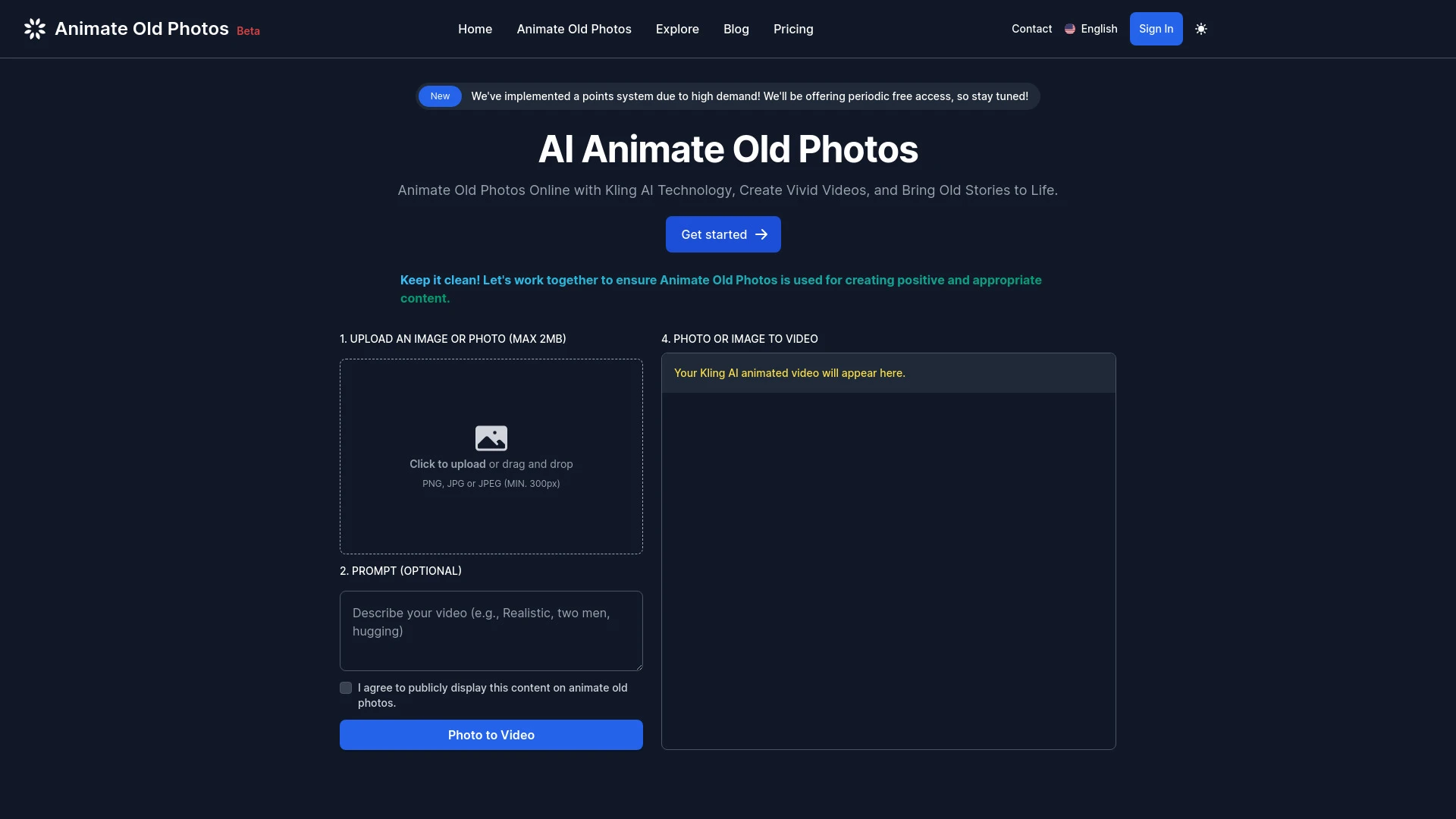 Kling AI Animate Old Photos website preview