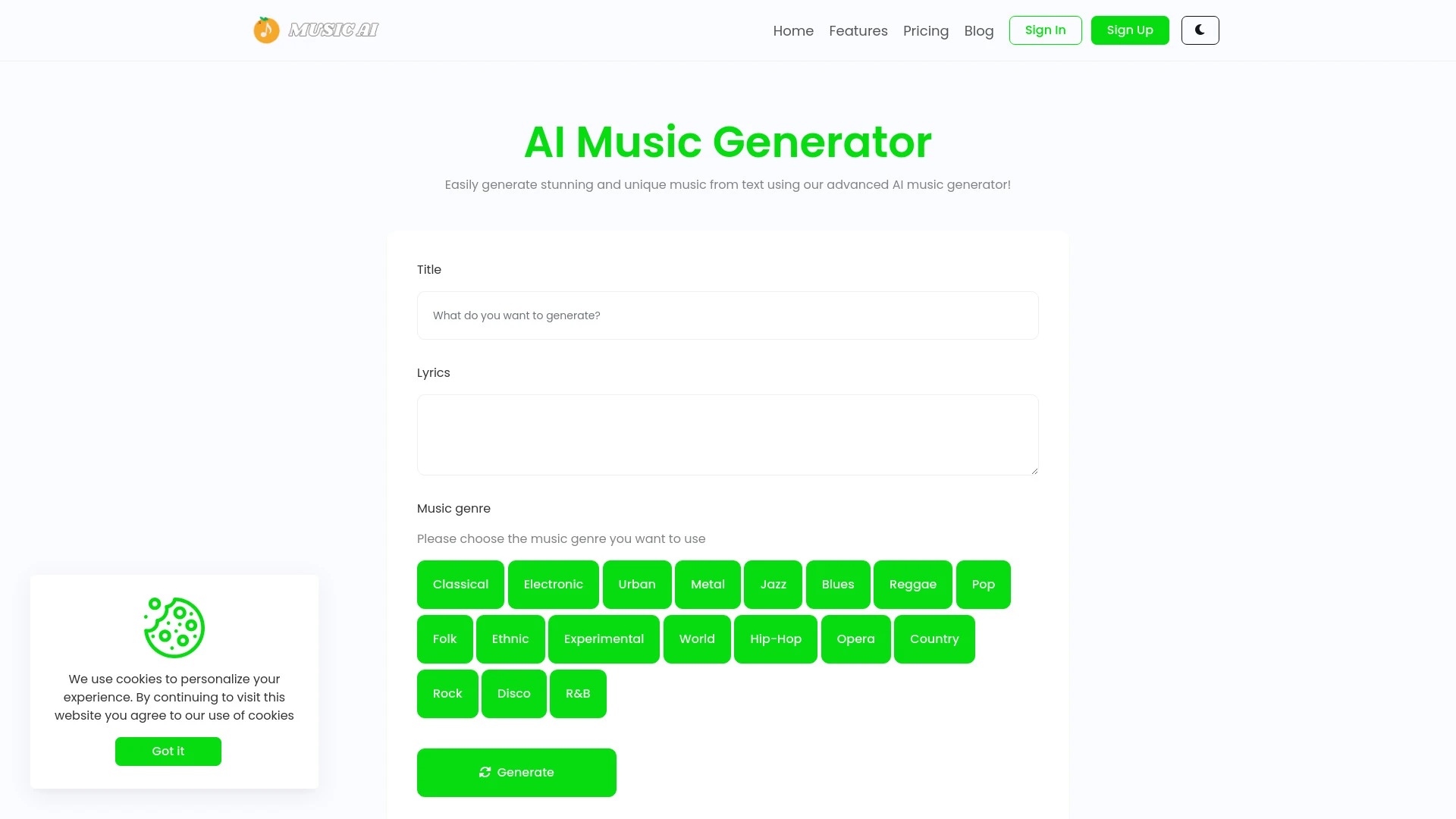 Music AI website preview