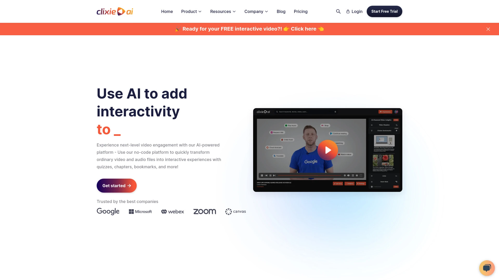 Clixie AI Interactive Video Platform website preview