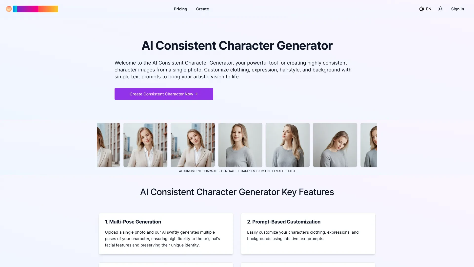 AI Consistent Character Generator website preview