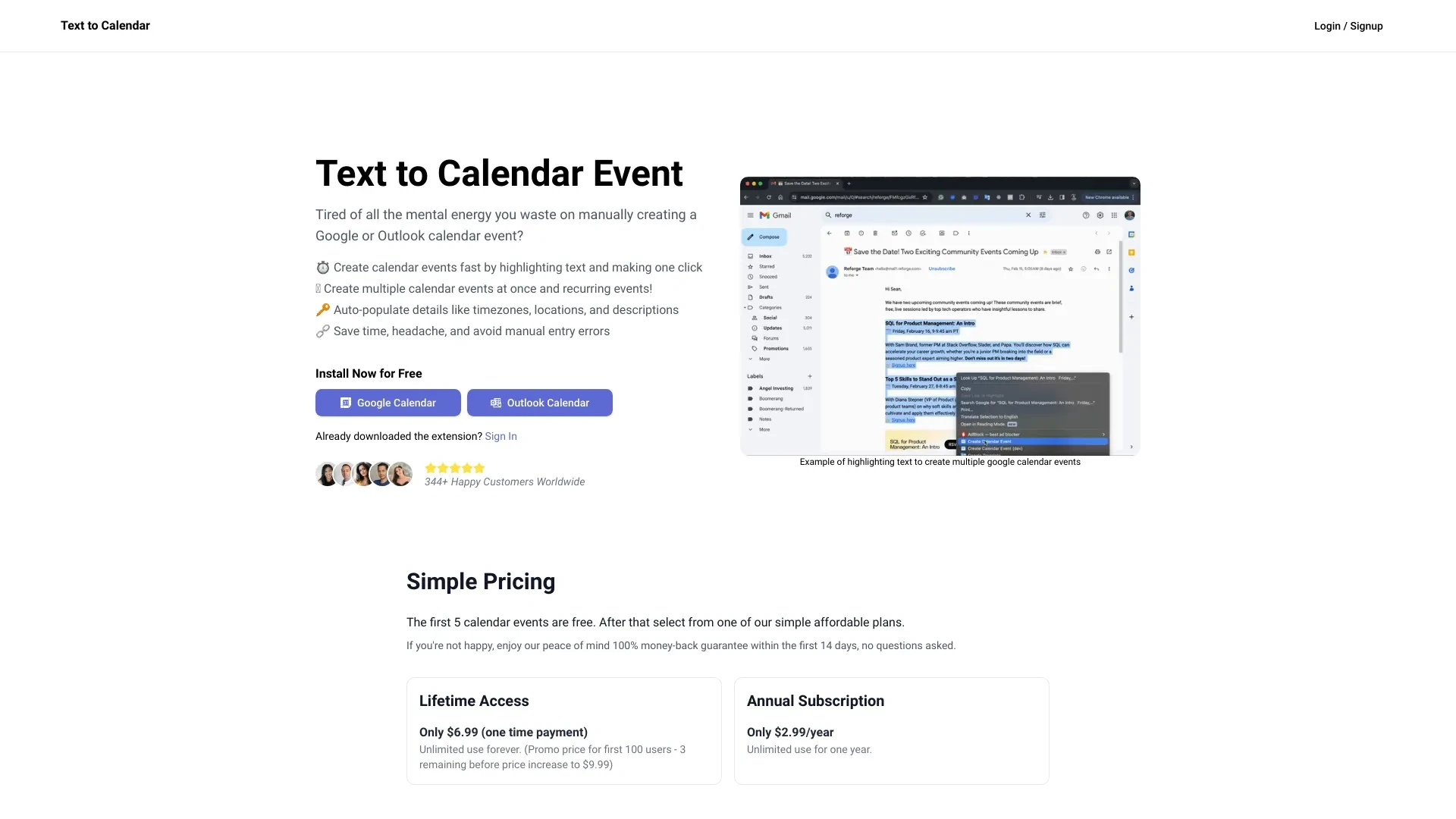 Text to Calendar website preview