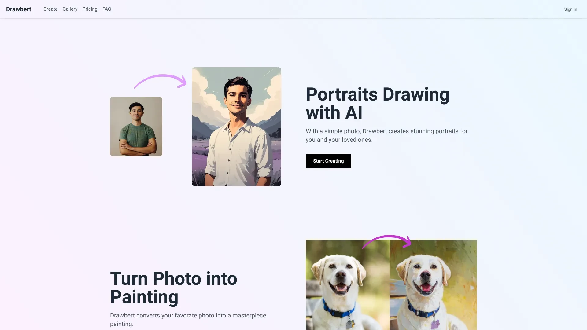 Drawbert - A Portrait Artist AI website preview