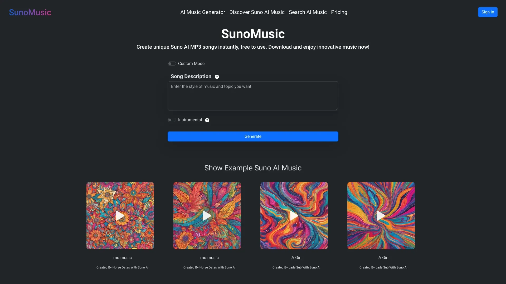 SunoMusic website preview