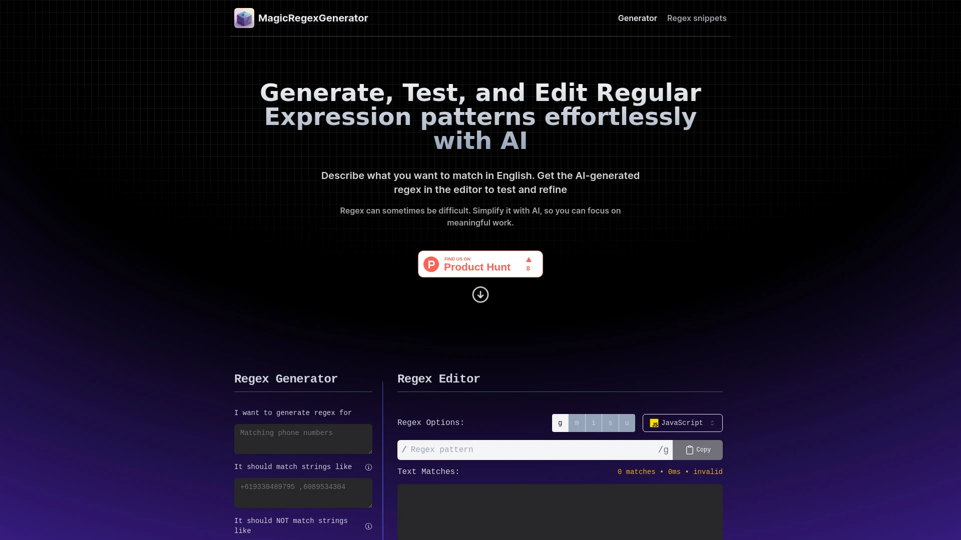 Magic Regex Generator website preview