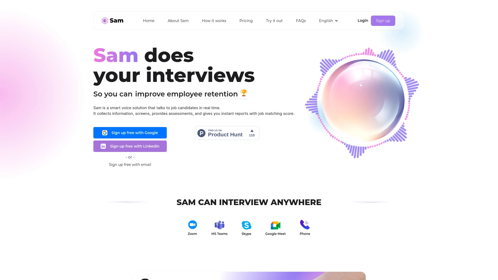 Sam AI Voice Interviewer website preview