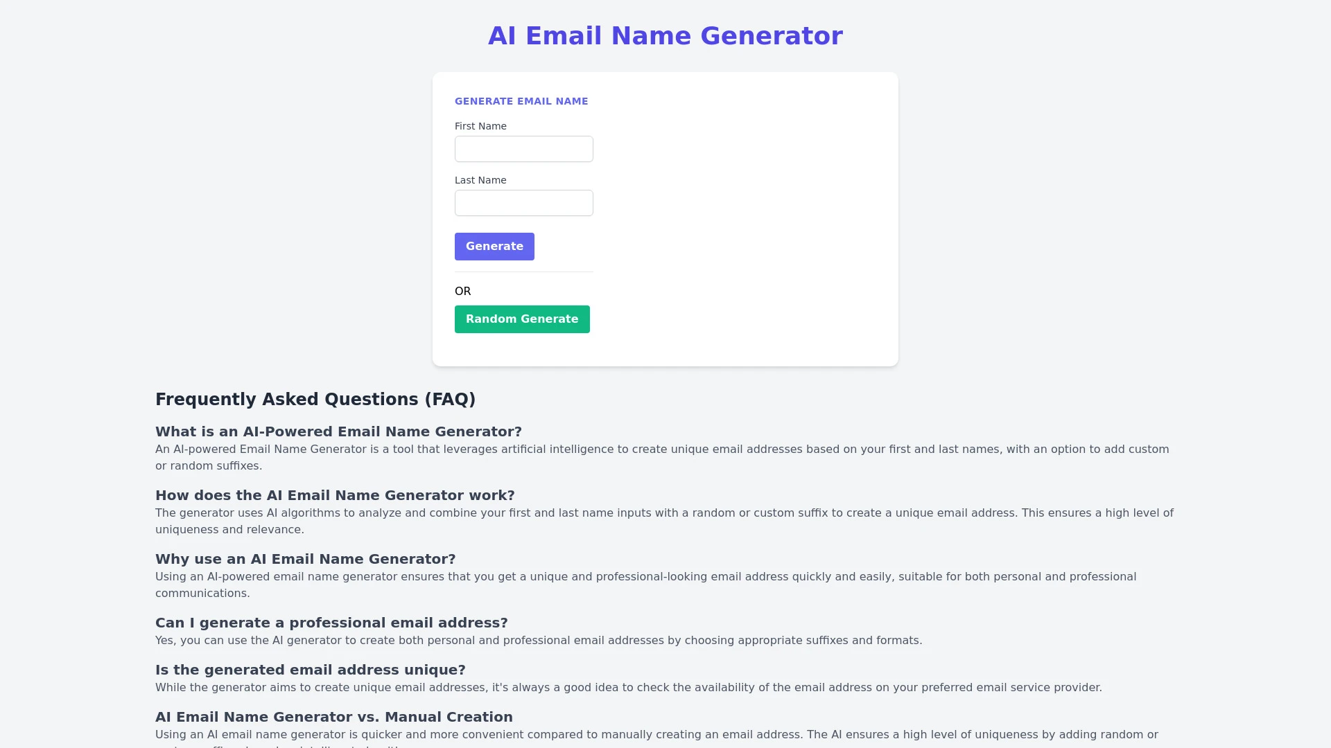 Email Name Generator website preview