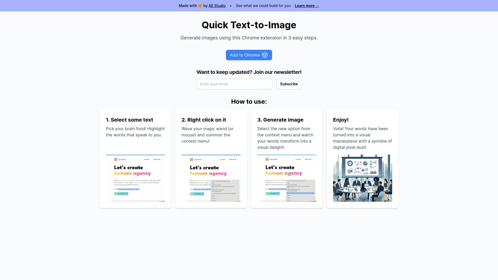 Quick Text-to-Image Chrome Extension website preview