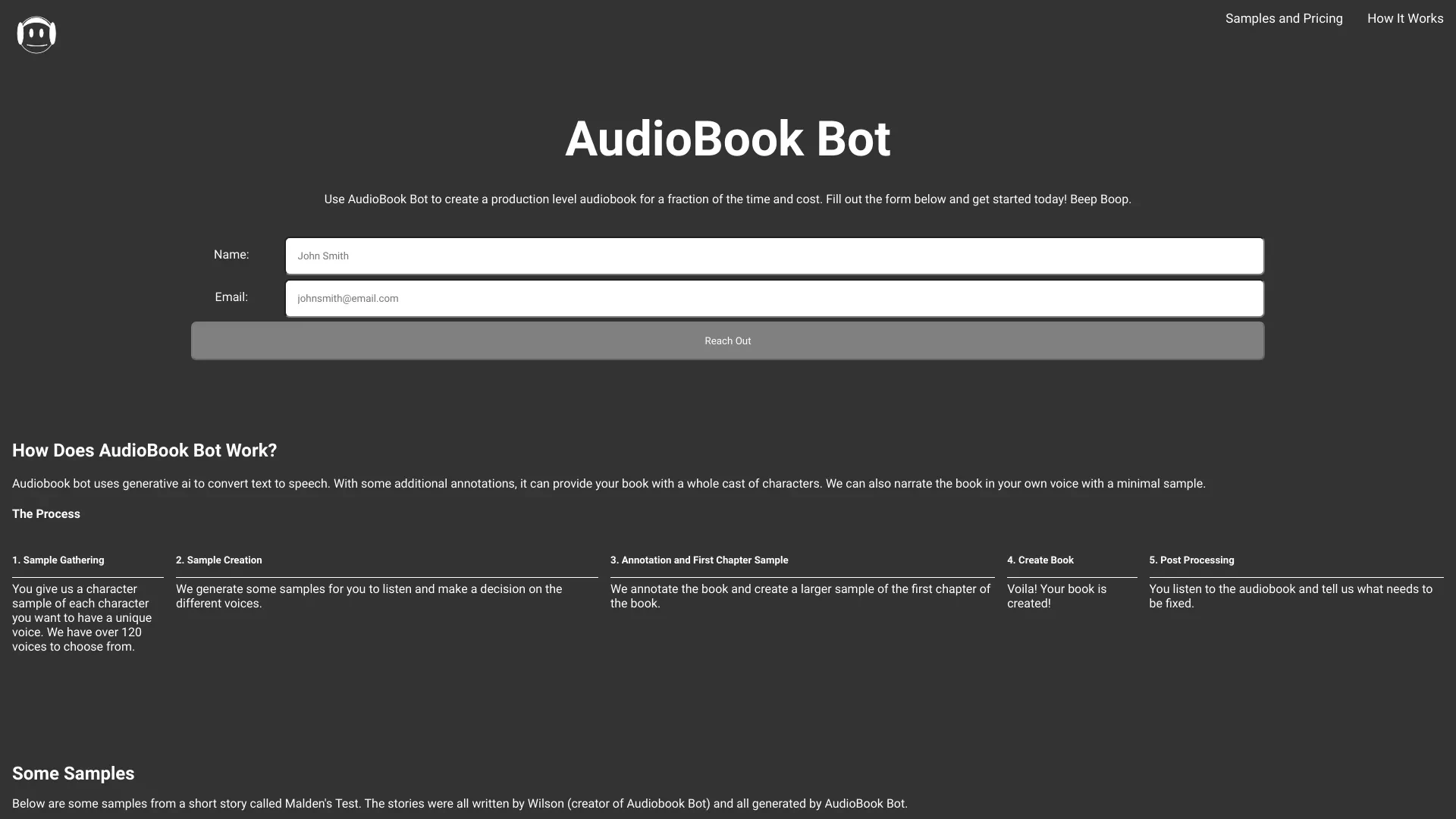 AudioBook Bot website preview