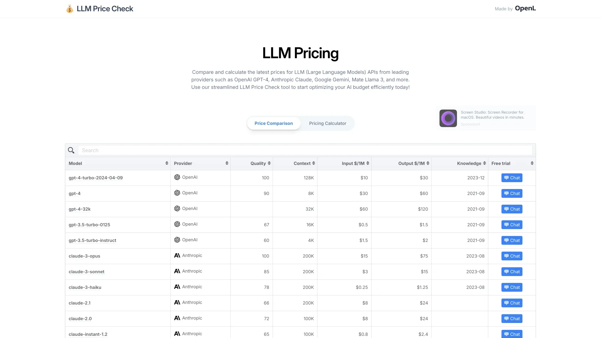 LLM Price Check website preview