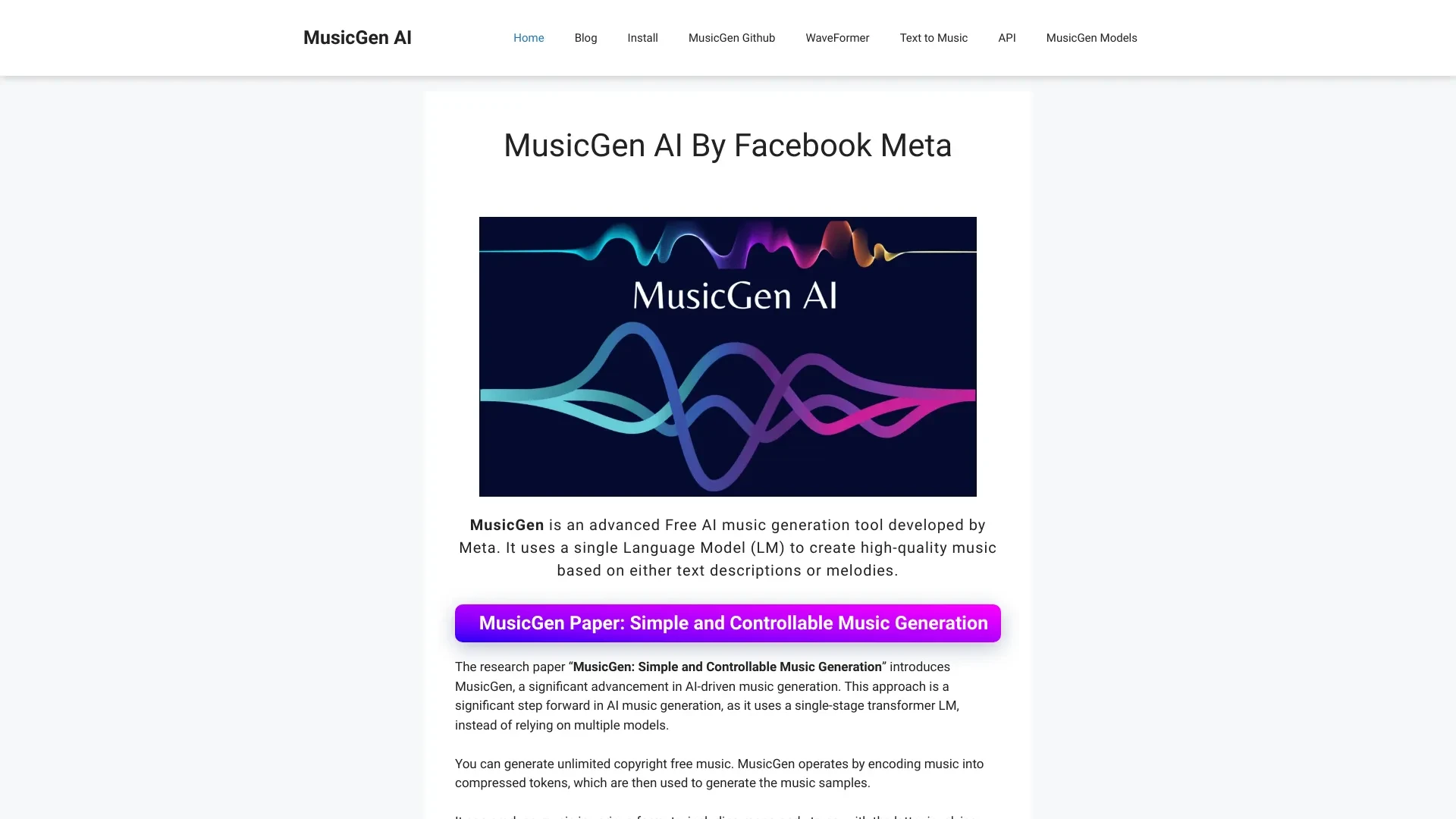 MusicGen AI website preview