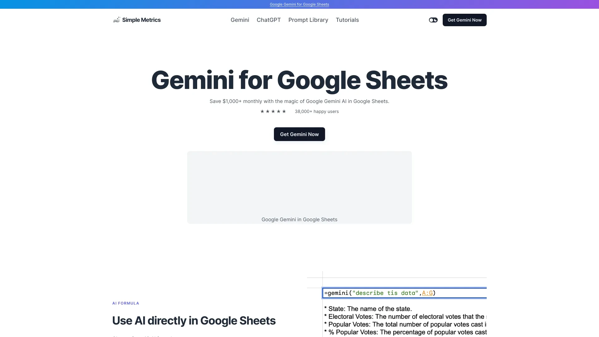 Google Gemini AI for Google Sheets website preview