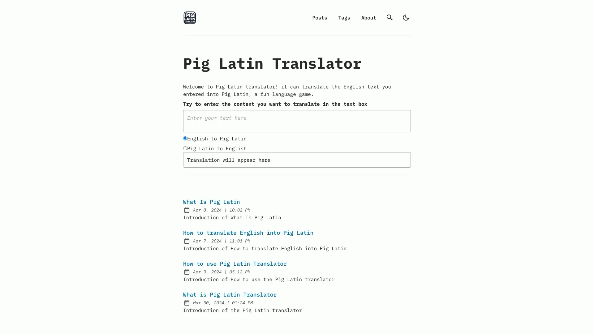 Pig Latin Translator website preview