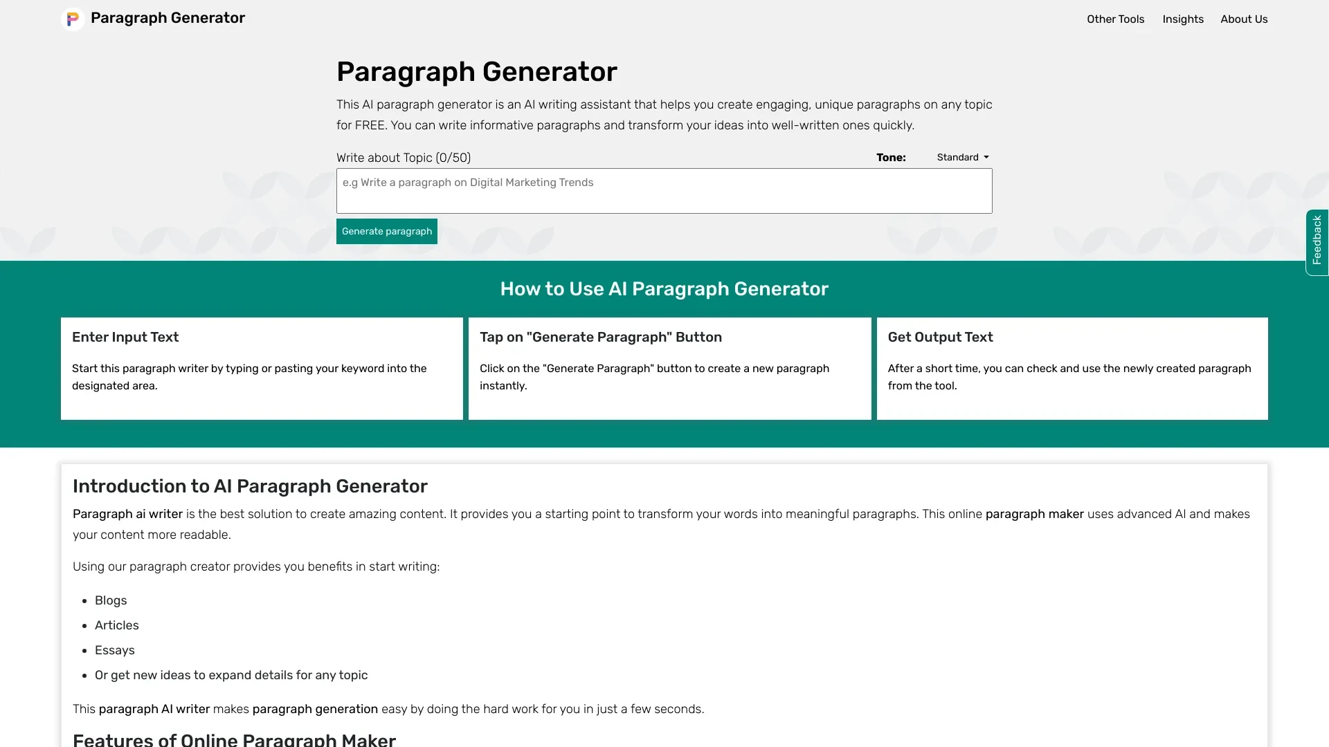 AI Paragraph Generator website preview