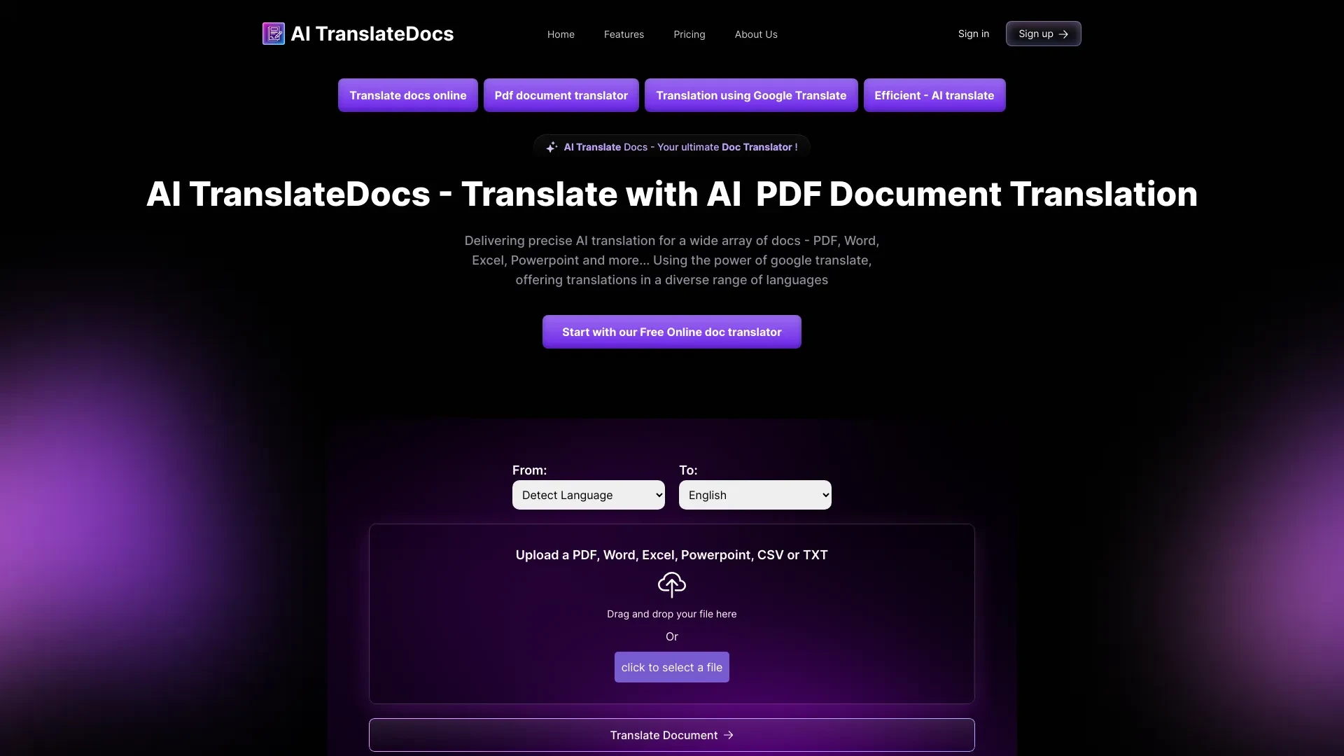 AI TranslateDocs website preview