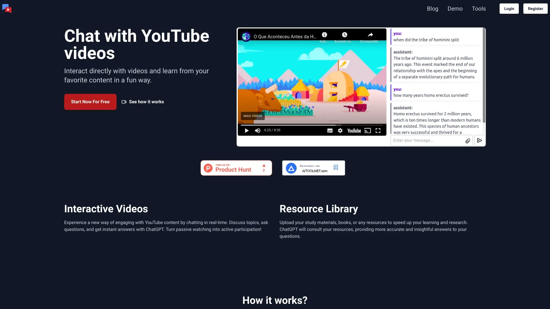 Chat with YouTube Videos website preview