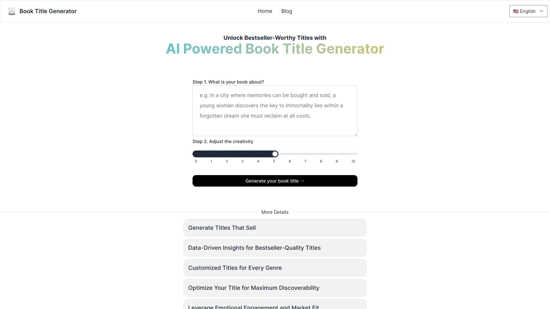 AI Book Title Generator website preview