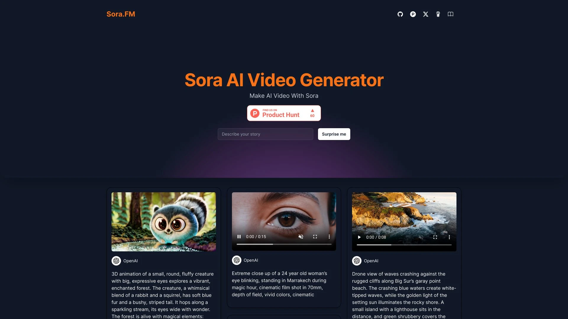 Sora AI Video Generator website preview