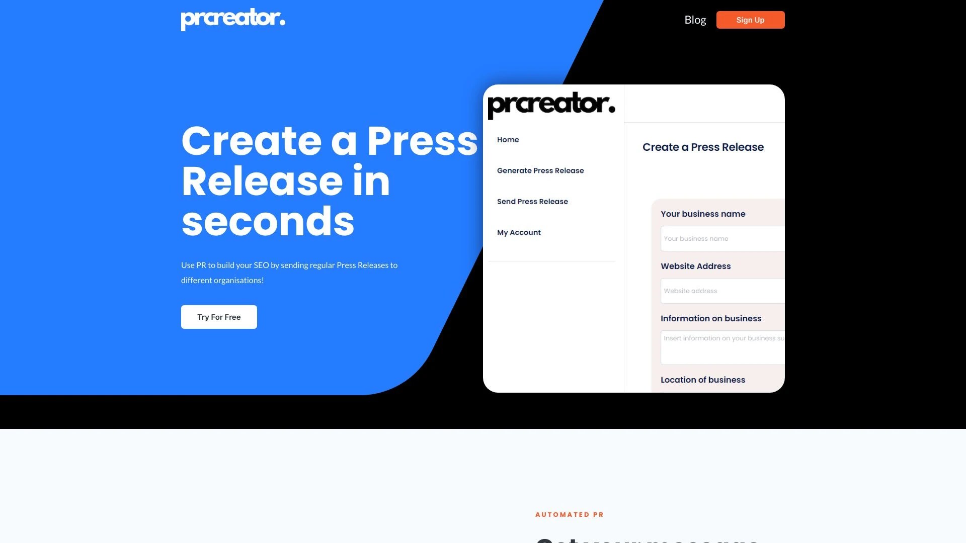 The PR Creator website preview