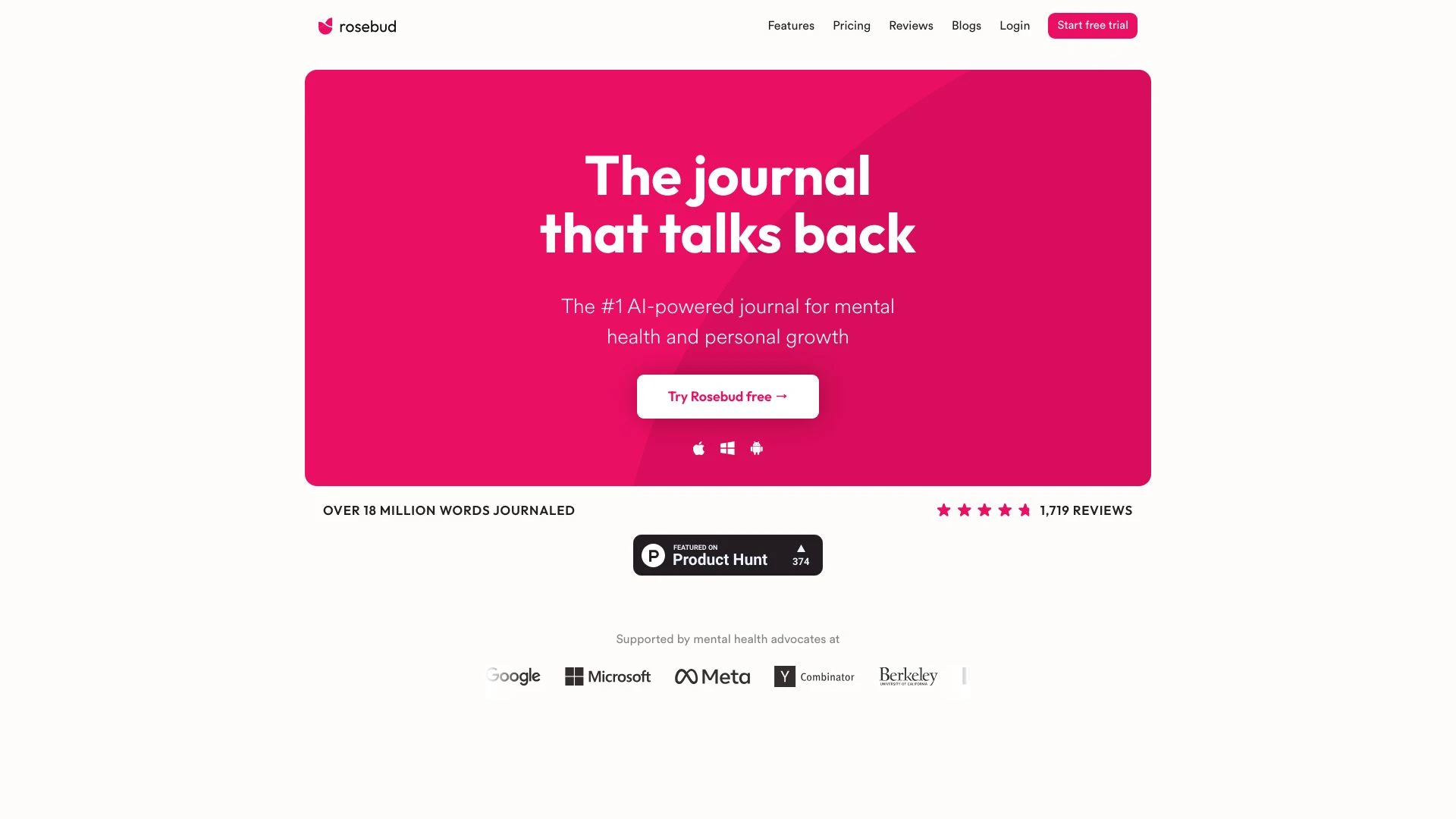 Rosebud - AI Journal for Personal Growth website preview