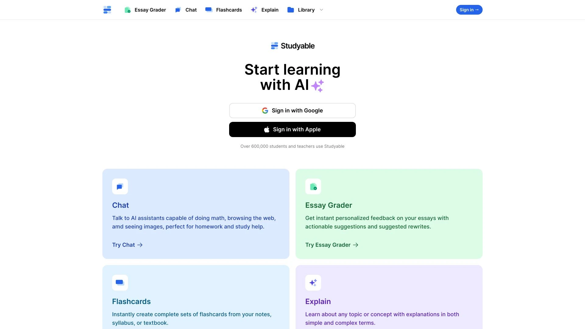 Studyable - AI Learning Tools & Flash Cards website preview