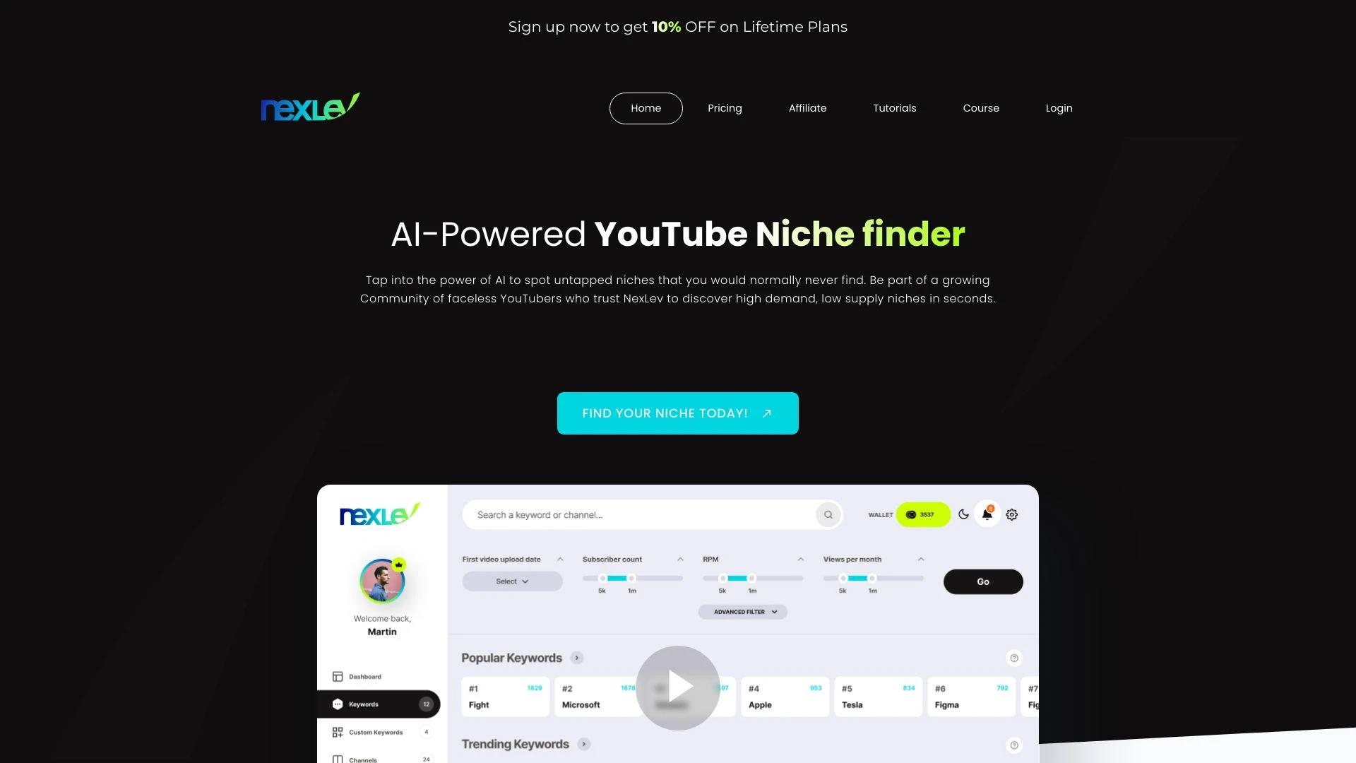 Nexlev - AI-Powered YouTube Niche Finder website preview