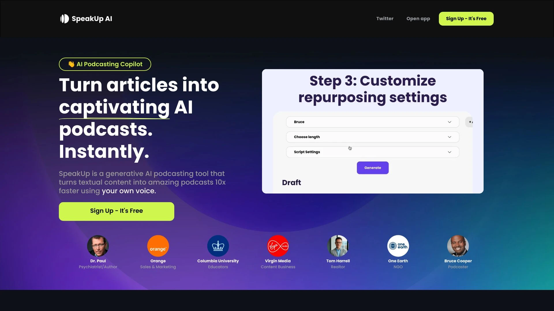 SpeakUp AI - AI Podcasting Copilot website preview