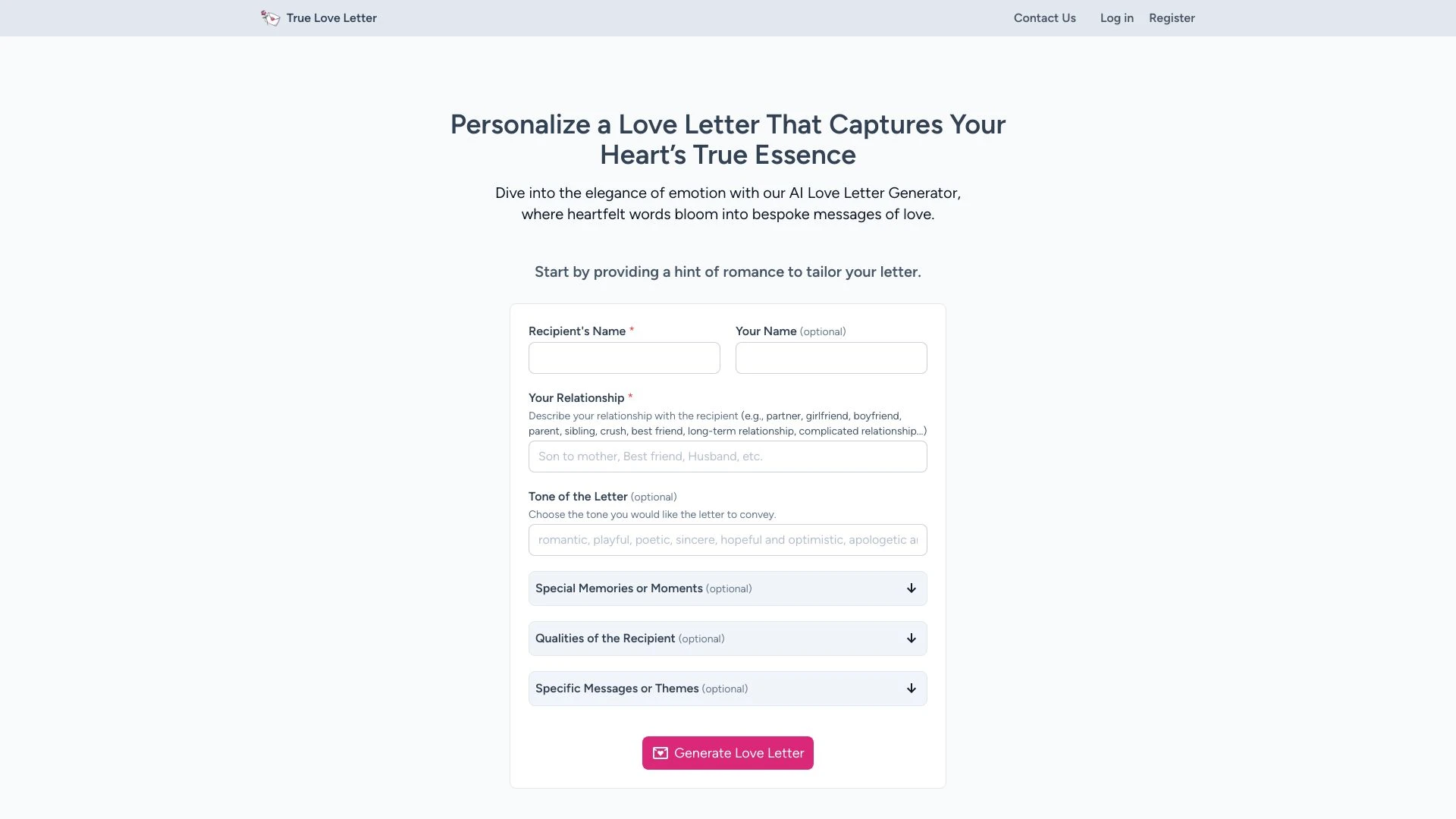 AI Love Letter Generator website preview