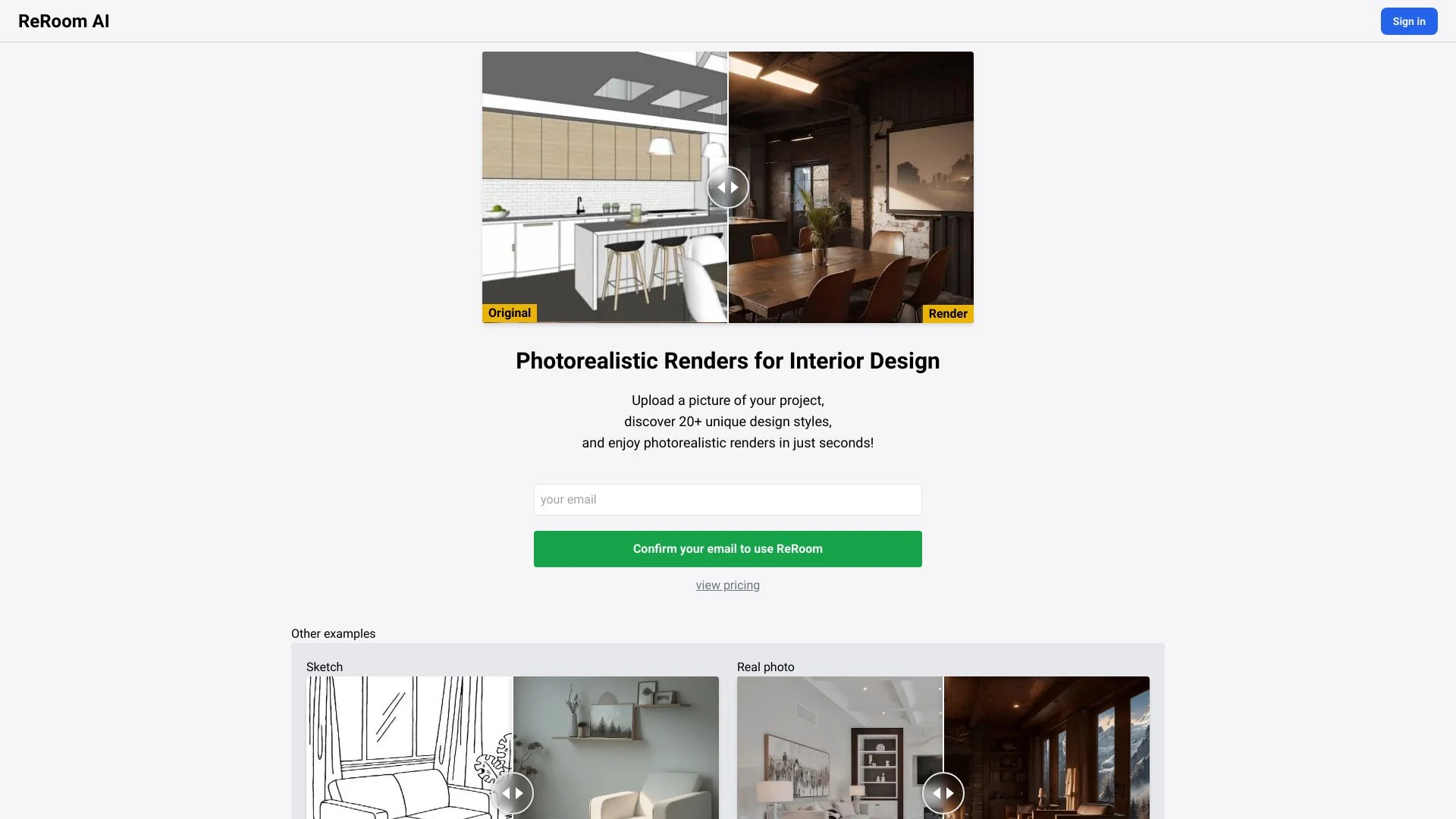 ReRoom AI - Photorealistic Renders for Interior Design website preview